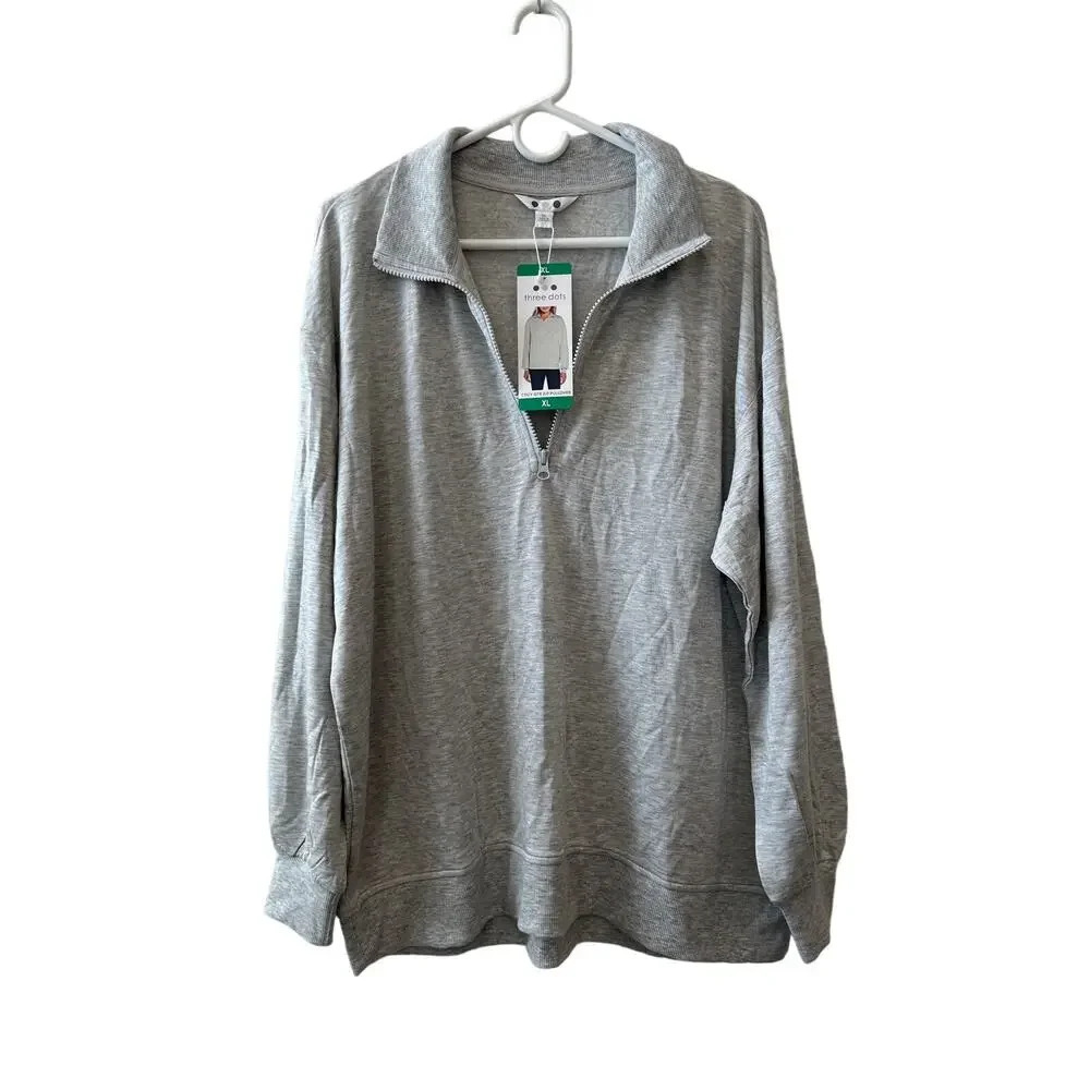 Three Dots Quarter Front Zip Pullover Collared Long Sleeve Gray Sweater Size XL
